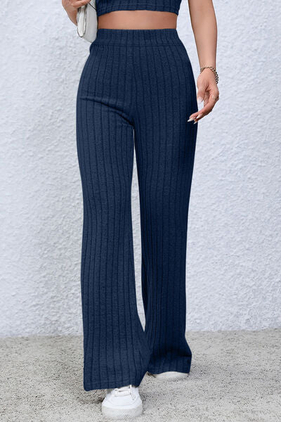 Full Size Ribbed High Waist Flare Pants