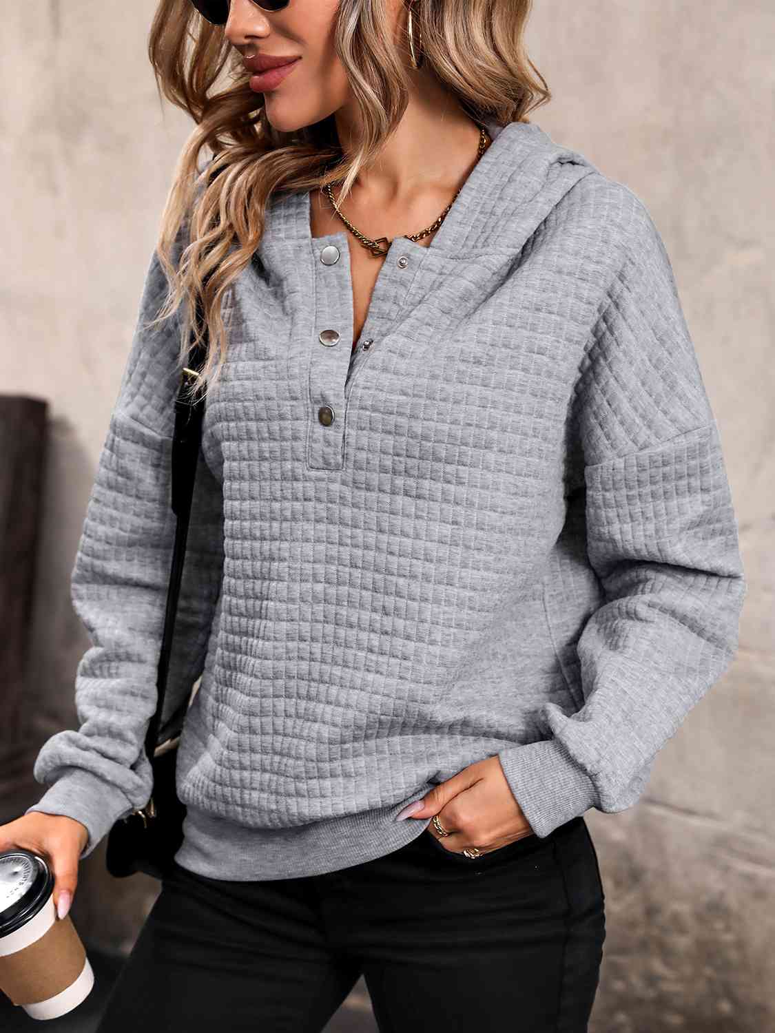 Waffle-Knit Half Button Hoodie