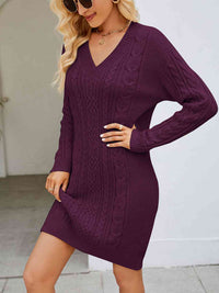 Cable-Knit V-Neck Mini Sweater Dress