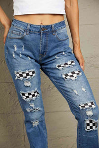 Checkered Patchwork Mid Waist Distressed Jeans