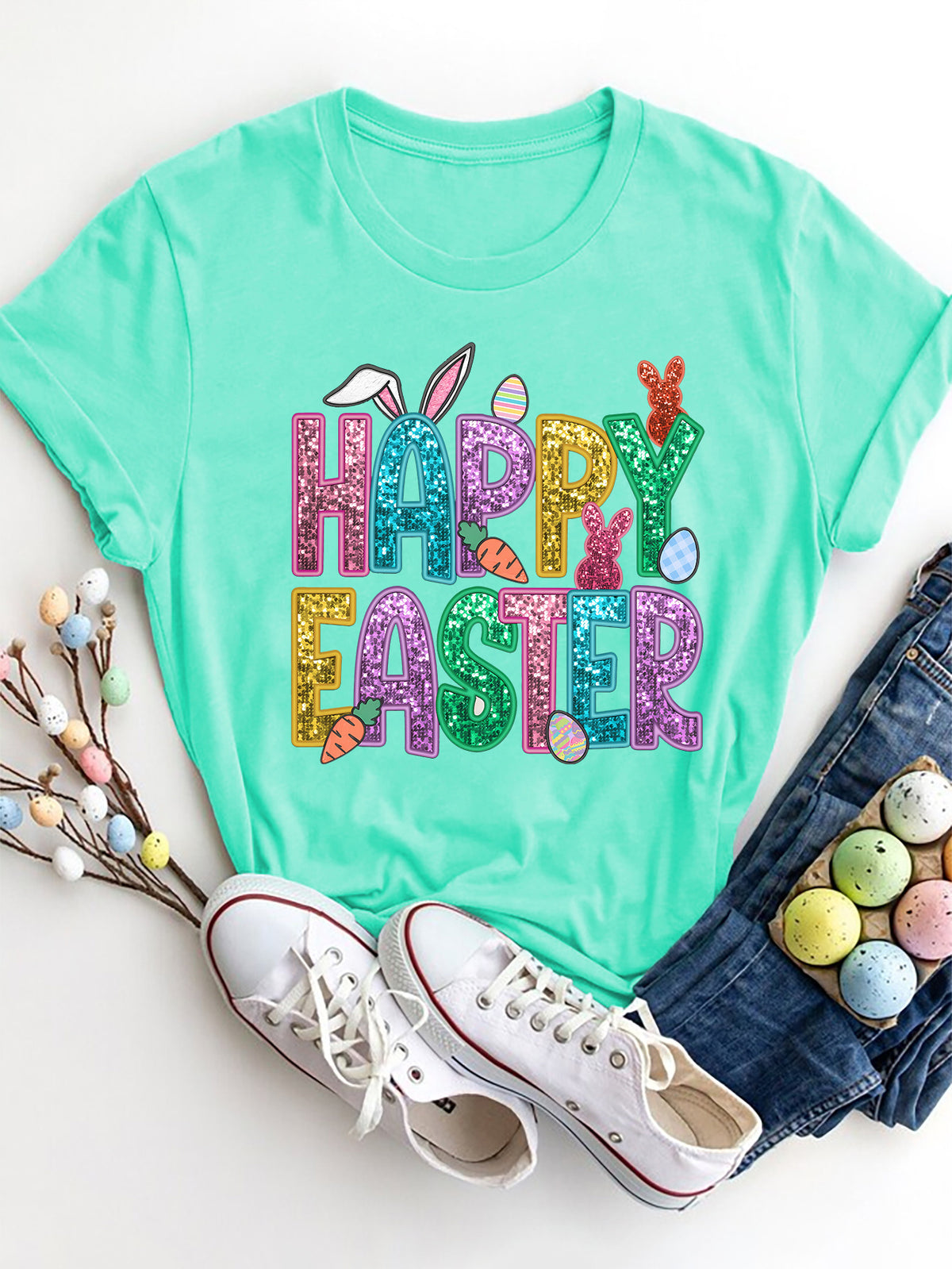 HAPPY EASTER Round Neck Short Sleeve T-Shirt