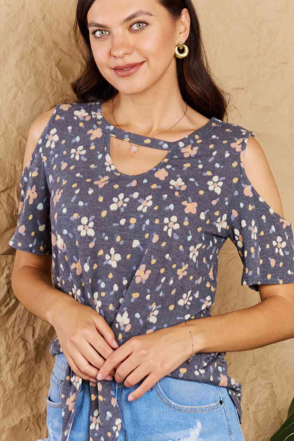 On My Own Full Size Cold Shoulder Keyhole Floral Print Top