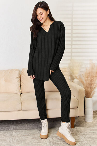 Full Size Notched Long Sleeve Top and Pants Set