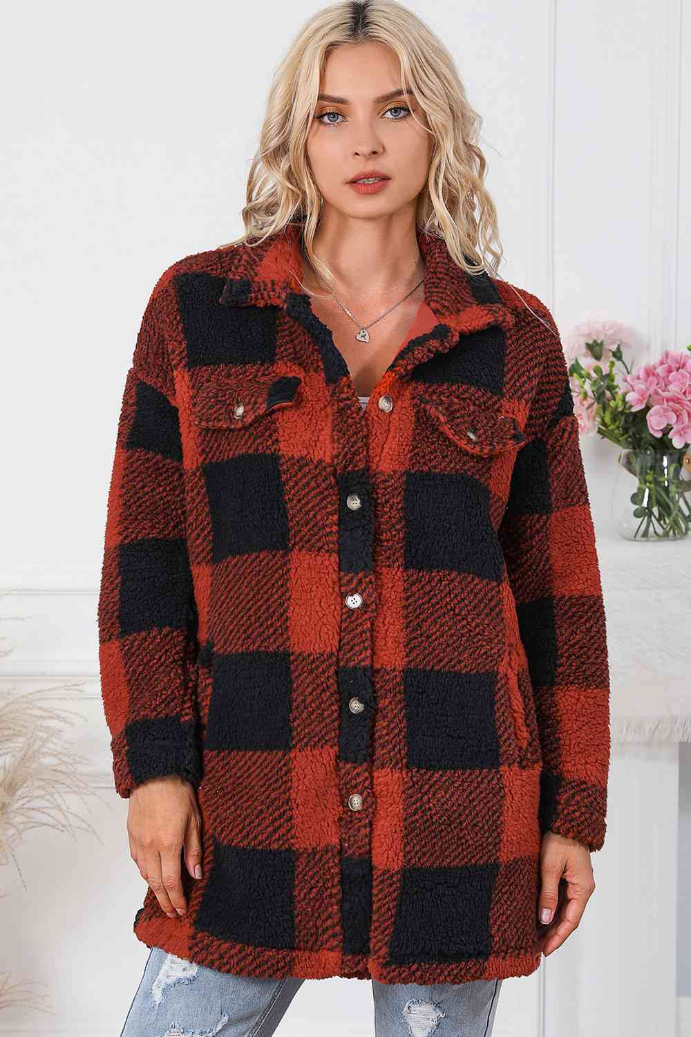 Pocketed Plaid Button Down Coat
