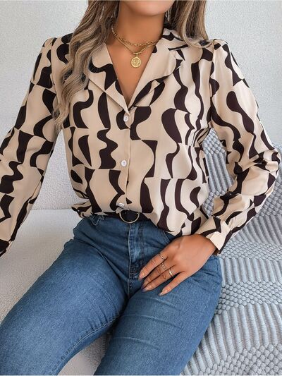 Black and White Printed Button Up Long Sleeve Shirt