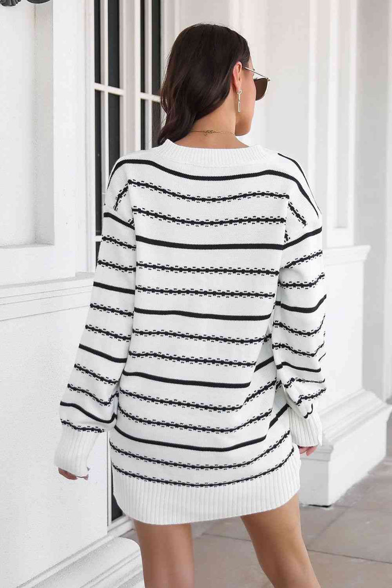 Striped V-Neck Sweater Dress