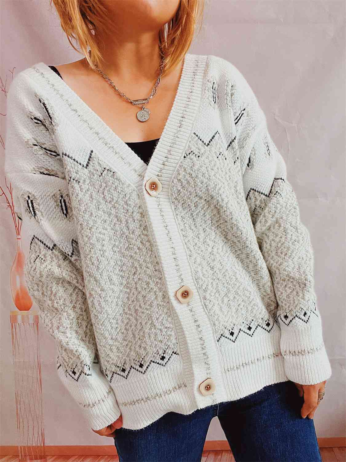 Geometric Button Front Long Sleeve Cardigan