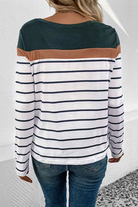 Striped Round Neck Long Sleeve T-Shirt Opaque