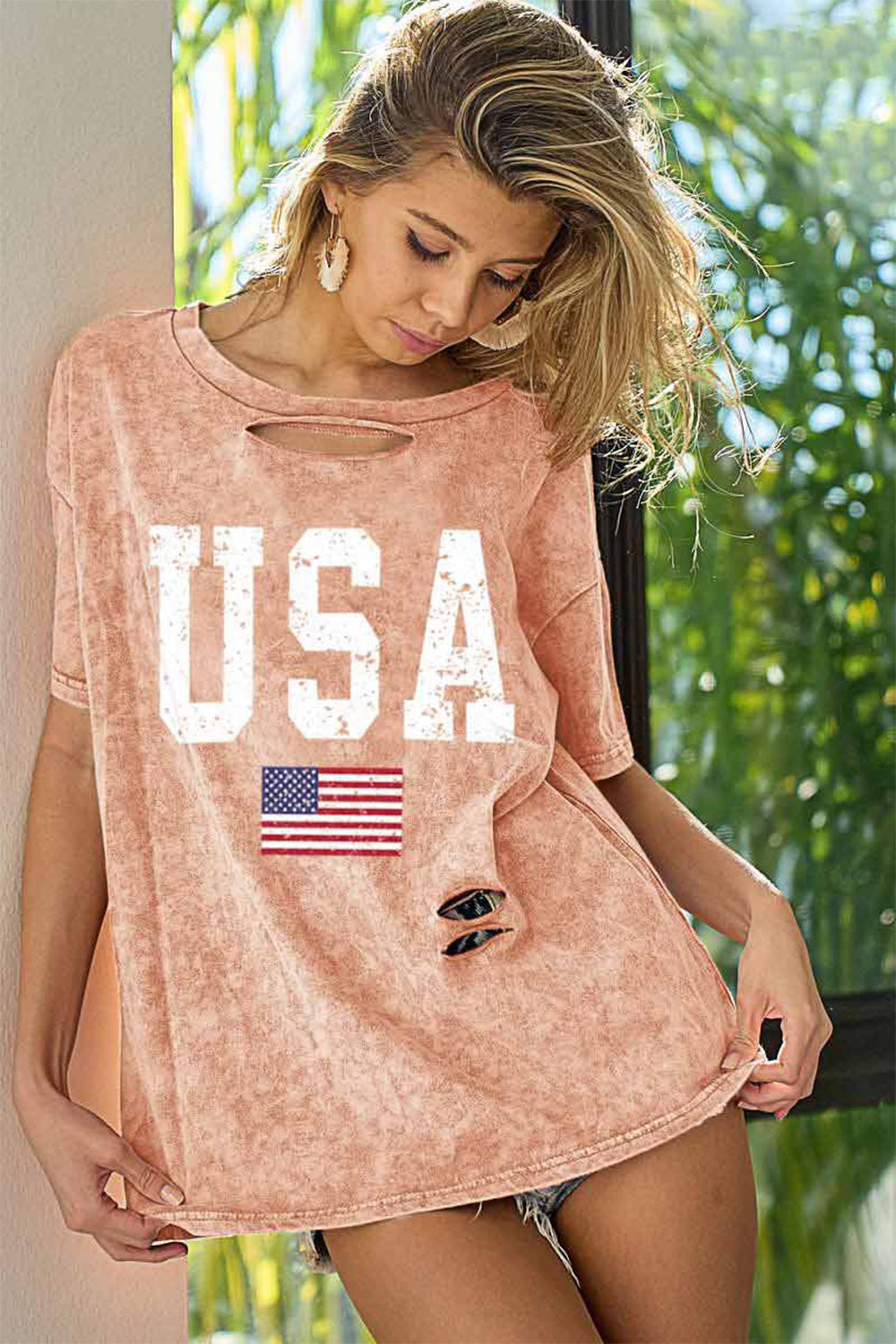 Washed American Flag Graphic Distressed T-Shirt
