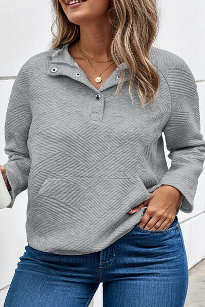 Plus Size Texture Half Snap Long Sleeve Sweatshirt