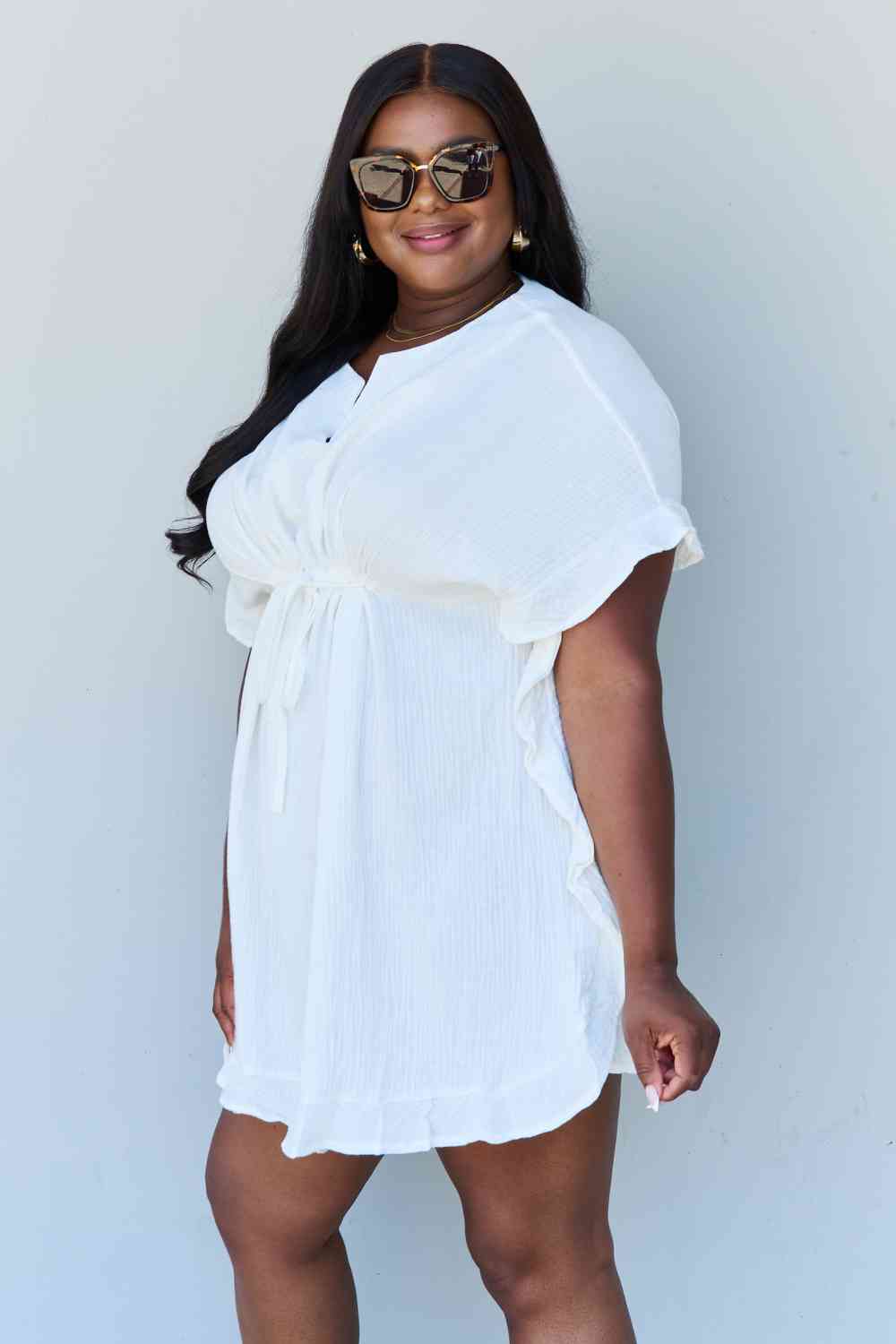 Out Of Time Full Size Ruffle Hem Dress with Drawstring Waistband in White