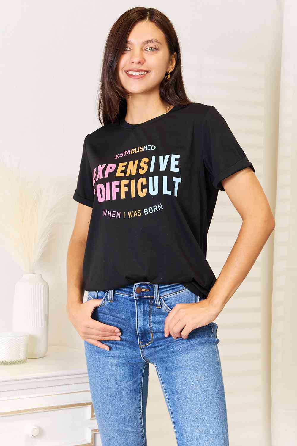 Slogan Graphic Cuffed Sleeve T-Shirt
