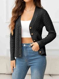 V-Neck Long Sleeve Cable-Knit Buttoned Knit Top