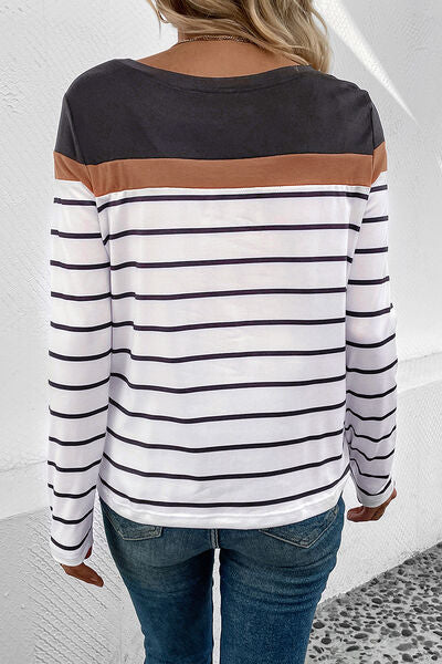 Striped Round Neck Long Sleeve T-Shirt Opaque