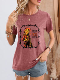 Cowgirl Graphic Round Neck Short Sleeve T-Shirt