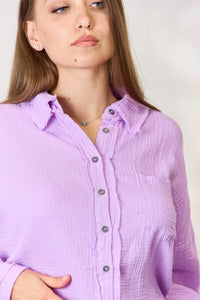 Full Size Texture Button Up Raw Hem Long Sleeve Shirt