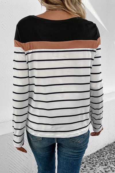 Striped Round Neck Long Sleeve T-Shirt Opaque