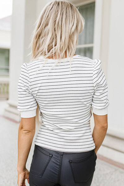 Striped Notched Short Sleeve T-Shirt