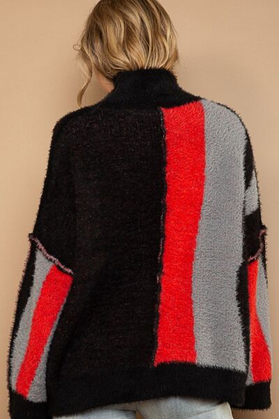 Turtleneck Color Block Fringe Detail Sweater