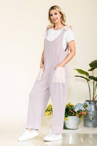 Full Size Stripe Contrast Pocket Rib Jumpsuit