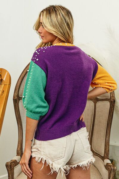 Color Block Pearl Detail Round Neck Sweater