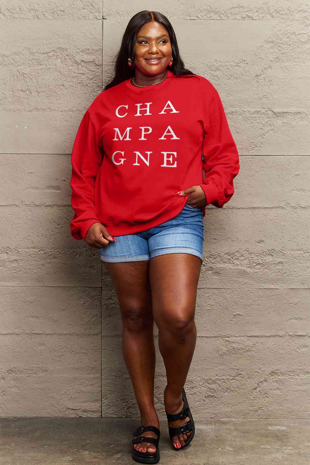 Full Size CHAMPAGNE Graphic Long Sleeve Sweatshirt