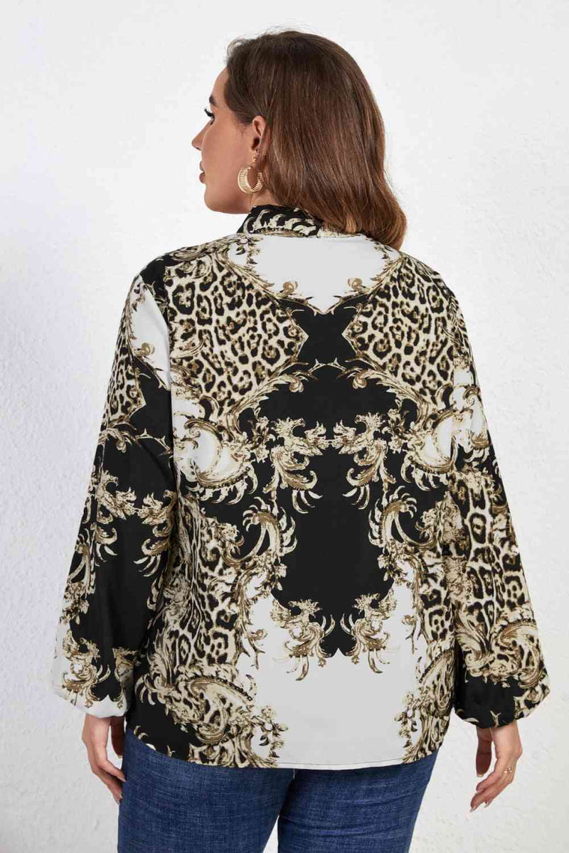 Plus Size Printed Tie Neck Long Sleeve Blouse