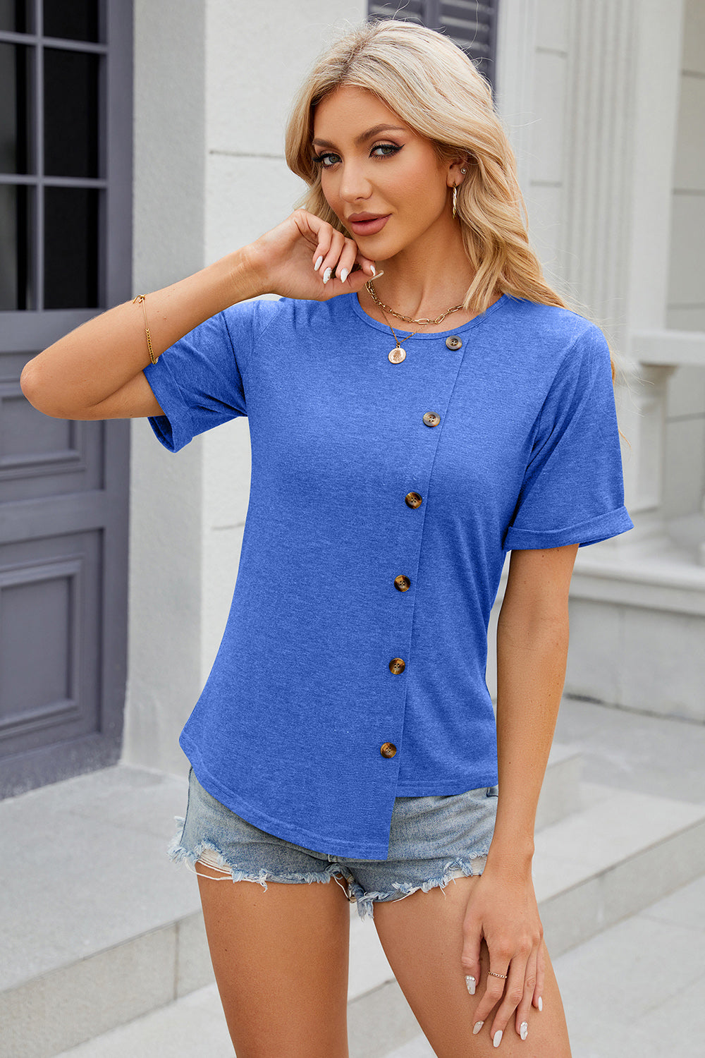 Round Neck Short Sleeve T-Shirt Turquoise