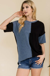 Full Size Ribbed Color Block Short Sleeve T-Shirt