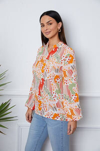 Floral Frill Notched Long Sleeve Blouse
