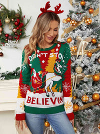 Believing Printed Round Neck Long Sleeve Sweater