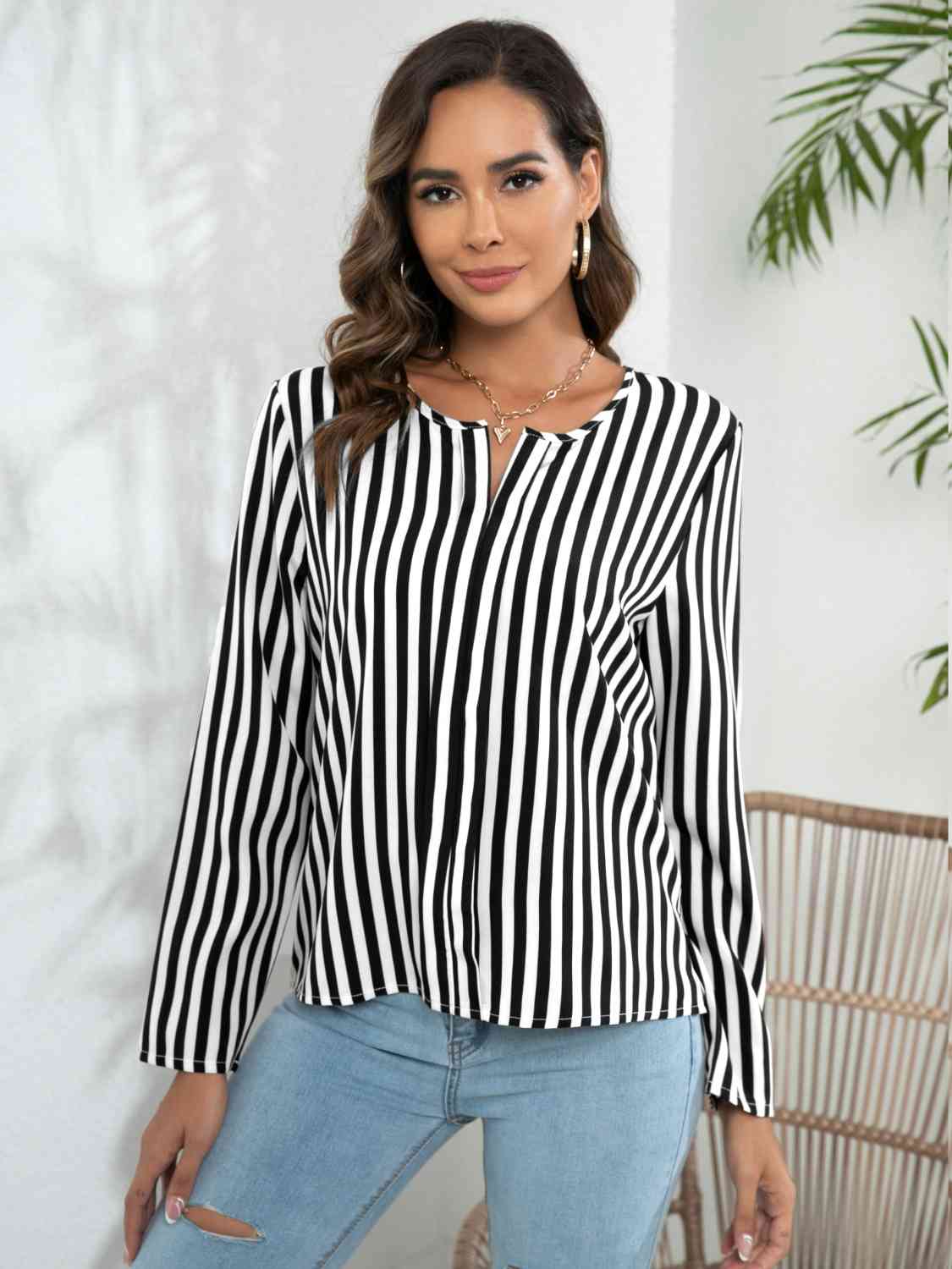 Striped Long Sleeve Notched Blouse