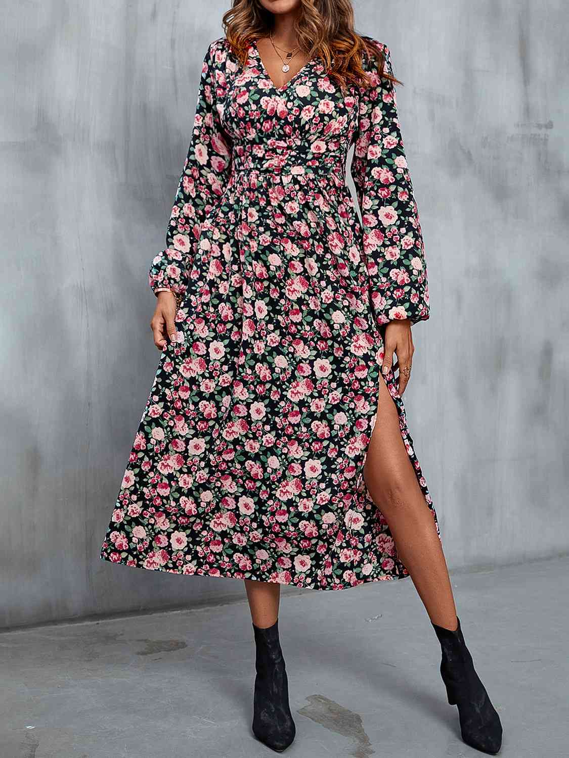 Floral V-Neck Slit Midi Dress