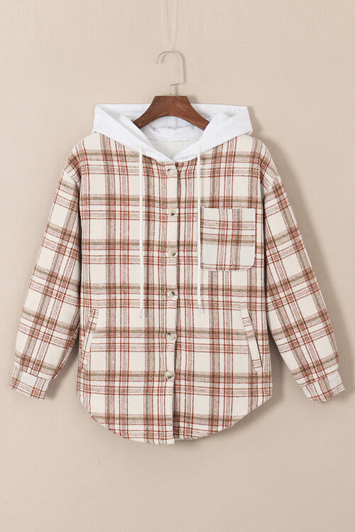 Plaid Drawstring Button Up Long Sleeve Hooded Jacket