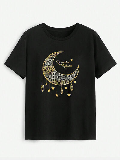 Moon Graphic Round Neck Short Sleeve T-Shirt