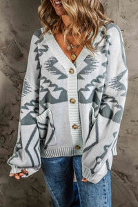 Printed Button Up V-Neck Long Sleeve Cardigan
