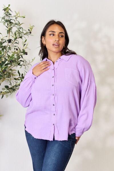Full Size Texture Button Up Raw Hem Long Sleeve Shirt